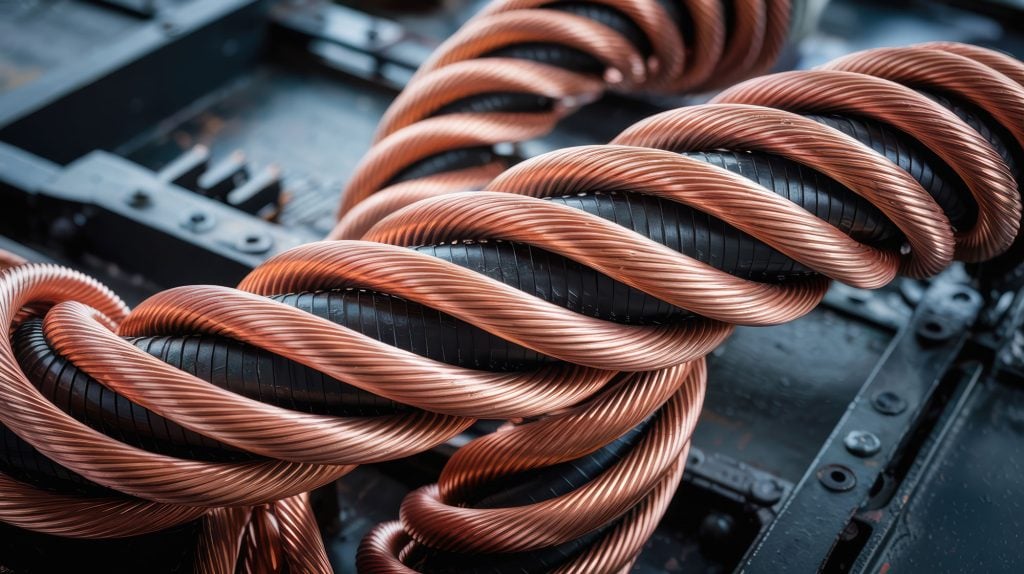 Close-up of twisted copper wires around a black insulated core.